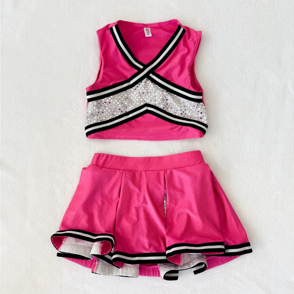 Girls Cheer Dance Outfit Pink Two-Piece Skirt Set